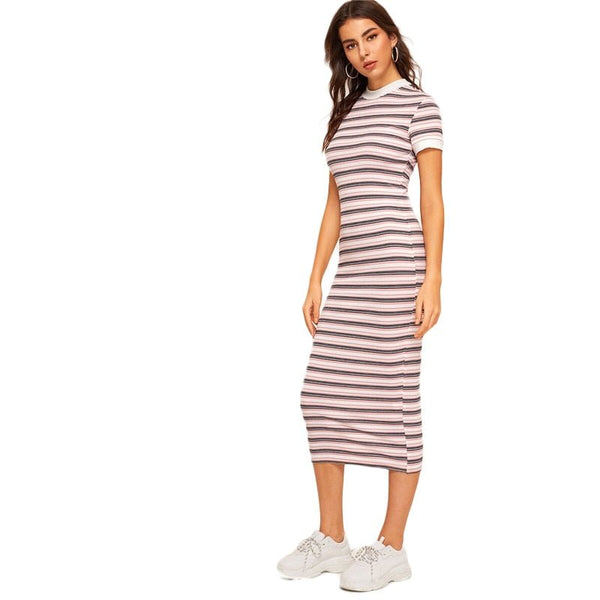 Contrast Neck And Cuff Striped Pencil Dress Preppy Colorblock Stretchy Spring Autumn Bodycon Women Dresses - Vimost Shop