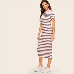 Contrast Neck And Cuff Striped Pencil Dress  Preppy Colorblock Stretchy Spring Autumn Bodycon Women Dresses