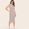 Contrast Neck And Cuff Striped Pencil Dress Preppy Colorblock Stretchy Spring Autumn Bodycon Women Dresses - Vimost Shop