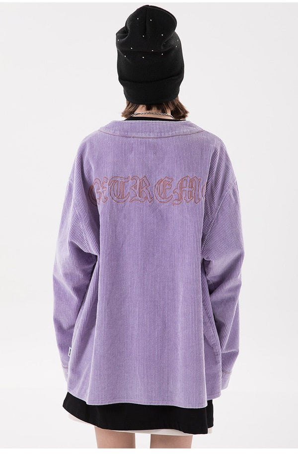 Corduroy V-Neck Punk Letter Embroidery Japanese Coat Jacket Men Casual Harajuku Vintage All-match Lovers Streetwear Men - Vimost Shop