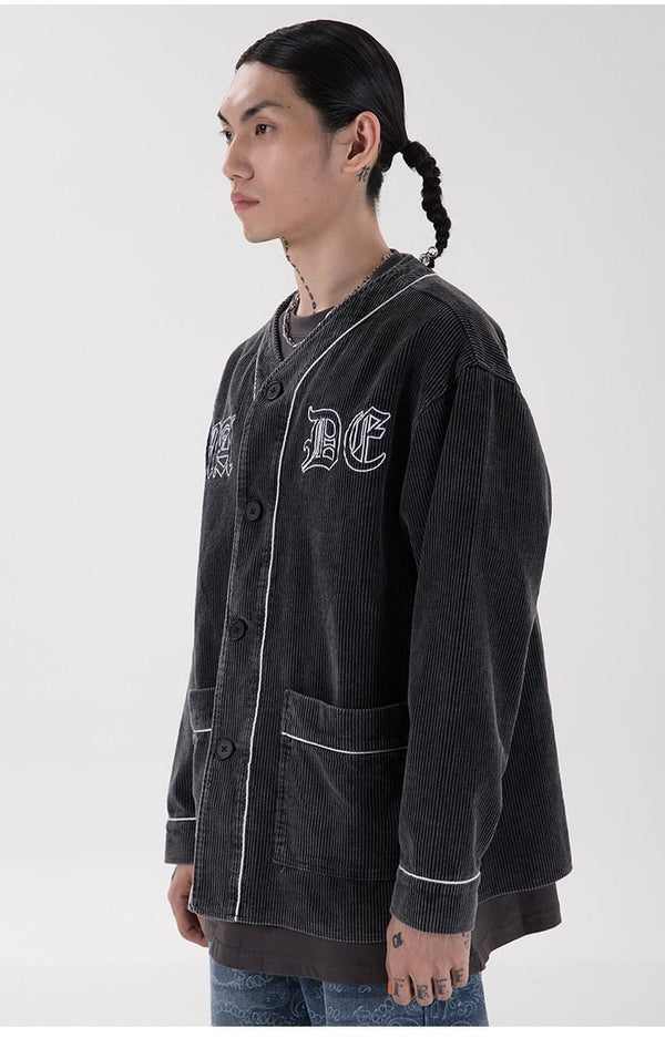 Corduroy V-Neck Punk Letter Embroidery Japanese Coat Jacket Men Casual Harajuku Vintage All-match Lovers Streetwear Men - Vimost Shop