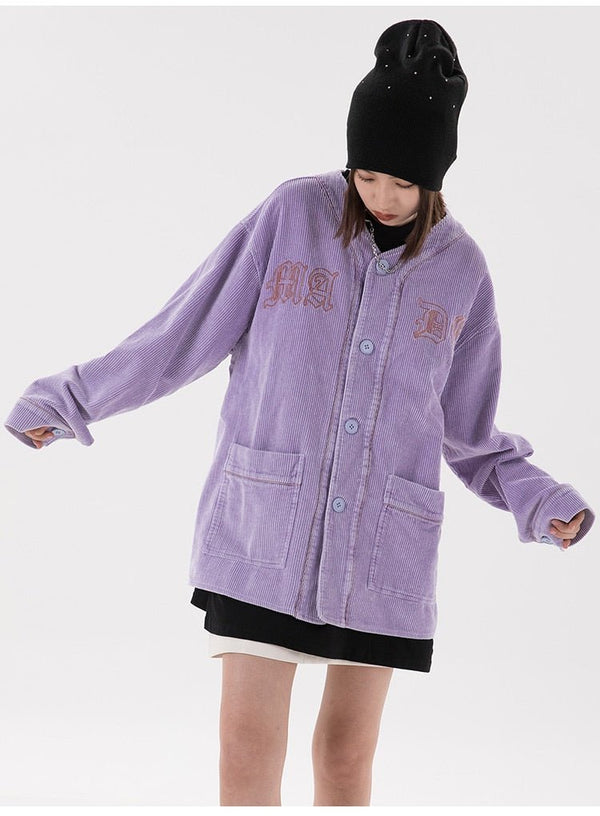 Corduroy V-Neck Punk Letter Embroidery Japanese Coat Jacket Men Casual Harajuku Vintage All-match Lovers Streetwear Men - Vimost Shop
