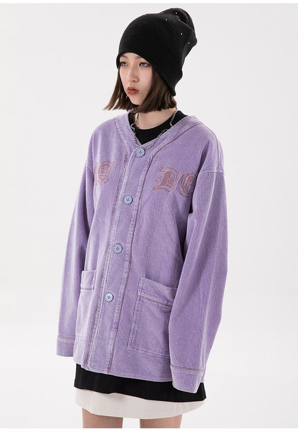Corduroy V-Neck Punk Letter Embroidery Japanese Coat Jacket Men Casual Harajuku Vintage All-match Lovers Streetwear Men - Vimost Shop