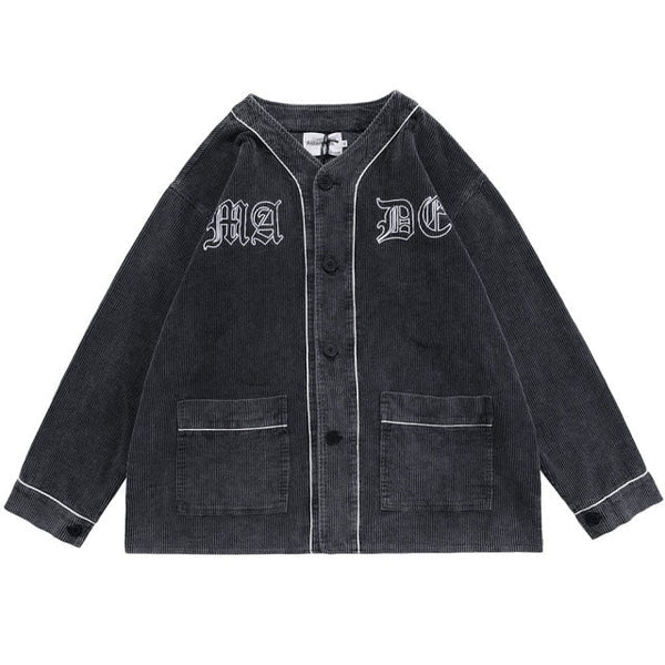 Corduroy V-Neck Punk Letter Embroidery Japanese Coat Jacket Men Casual Harajuku Vintage All-match Lovers Streetwear Men - Vimost Shop