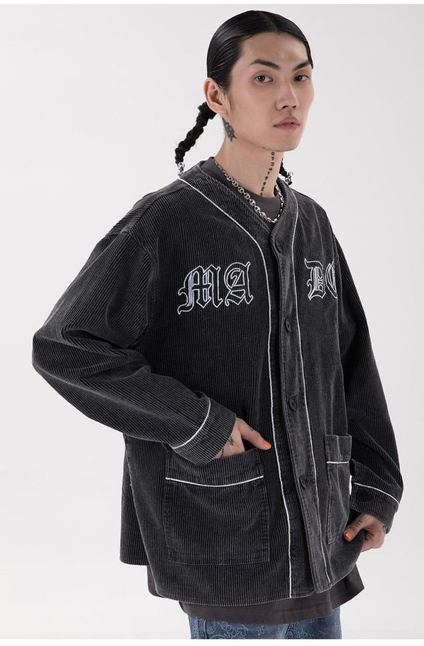Corduroy V-Neck Punk Letter Embroidery Japanese Coat Jacket Men Casual Harajuku Vintage All-match Lovers Streetwear Men - Vimost Shop