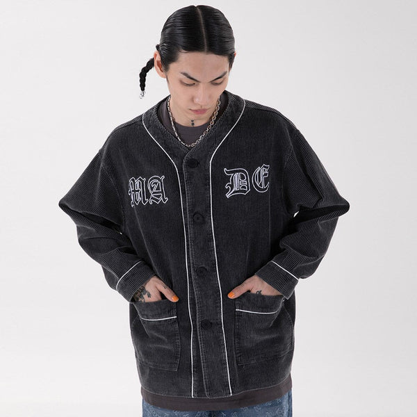 Corduroy V-Neck Punk Letter Embroidery Japanese Coat Jacket Men Casual Harajuku Vintage All-match Lovers Streetwear Men - Vimost Shop