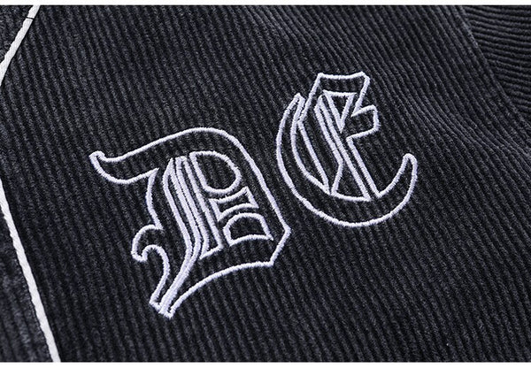 Corduroy V-Neck Punk Letter Embroidery Japanese Coat Jacket Men Casual Harajuku Vintage All-match Lovers Streetwear Men - Vimost Shop