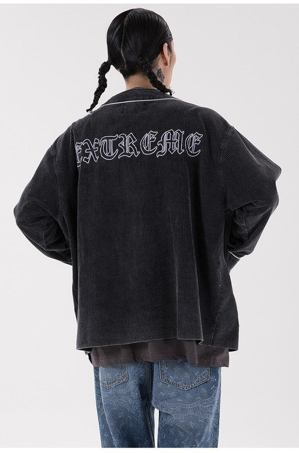 Corduroy V-Neck Punk Letter Embroidery Japanese Coat Jacket Men Casual Harajuku Vintage All-match Lovers Streetwear Men - Vimost Shop