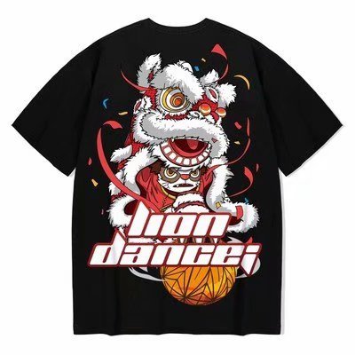 Cotton T-shirt Lion Dance Print Tide brand Hip Hop short sleeve Tee Chinese style man Summer street Fashion Casual top - Vimost Shop