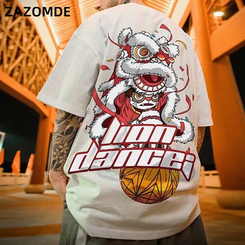 Cotton T-shirt Lion Dance Print Tide brand Hip Hop short sleeve Tee Chinese style man Summer street Fashion Casual top - Vimost Shop