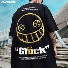 Cotton T-Shirts Men  Smiley Printed Short Sleeve Tshirts Summer Hip Hop Casual Cotton Tops Tees Streetwear