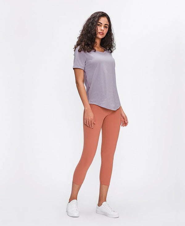 Cotton Yoga Exercise Workout T-shirt Women Anti-sweat Hip-length Running Fitness Gym Short Sleeve Shirts Tee - Vimost Shop