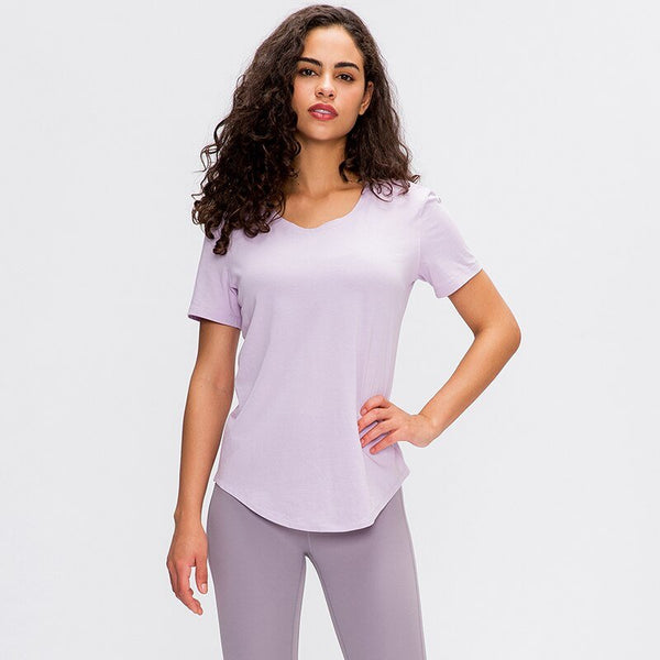 Cotton Yoga Exercise Workout T-shirt Women Anti-sweat Hip-length Running Fitness Gym Short Sleeve Shirts Tee - Vimost Shop
