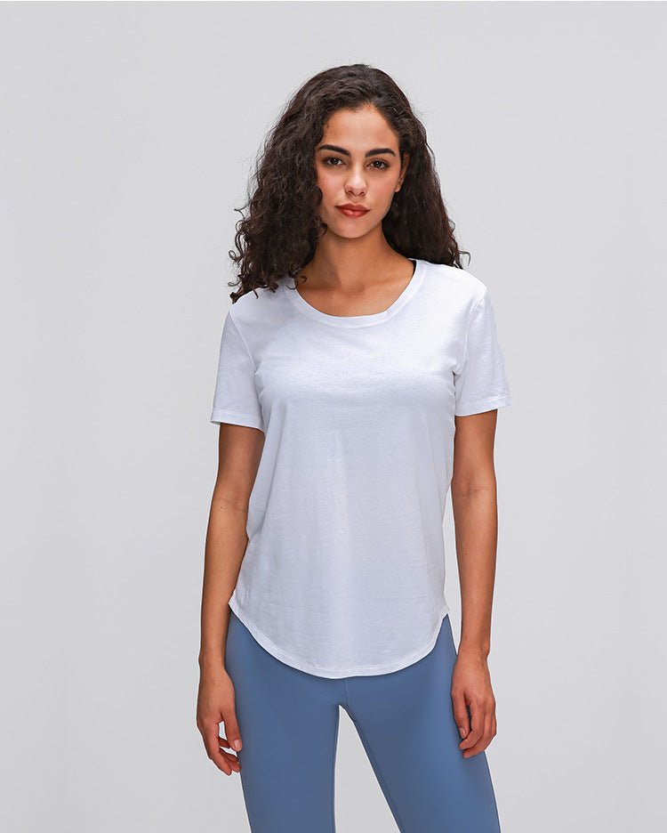 Cotton Yoga Exercise Workout T-shirt Women Anti-sweat Hip-length Running Fitness Gym Short Sleeve Shirts Tee - Vimost Shop
