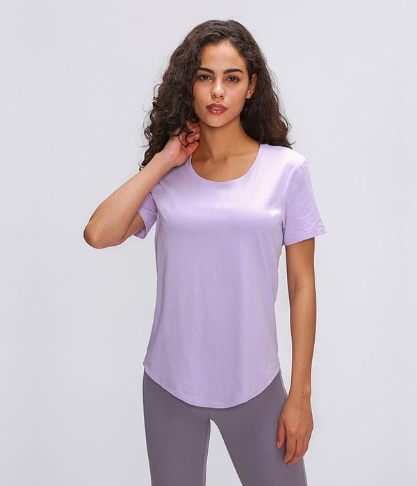 Cotton Yoga Exercise Workout T-shirt Women Anti-sweat Hip-length Running Fitness Gym Short Sleeve Shirts Tee - Vimost Shop