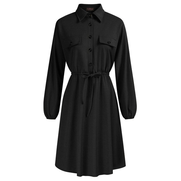 Curlbiuty Women Drawstring Waist Dress Long Sleeve Lapel Collar A-Line With Elastic Openings Dress Functional Silhouette - Vimost Shop