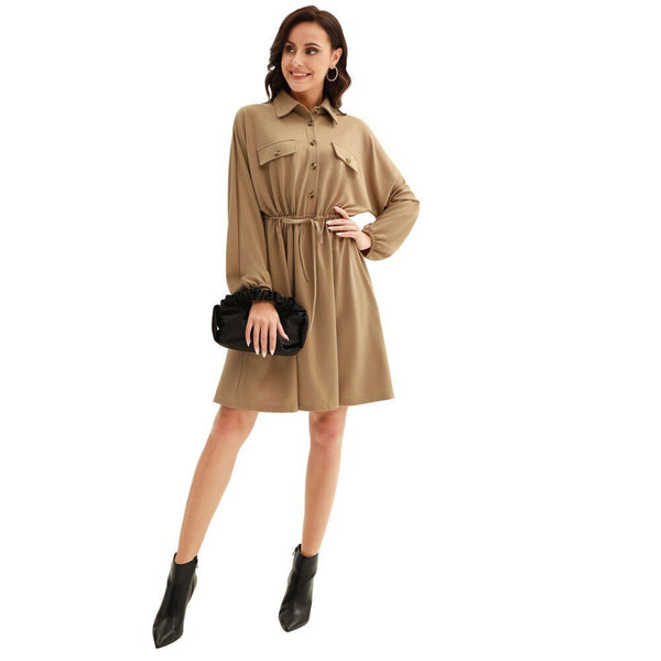 Curlbiuty Women Drawstring Waist Dress Long Sleeve Lapel Collar A-Line With Elastic Openings Dress Functional Silhouette - Vimost Shop