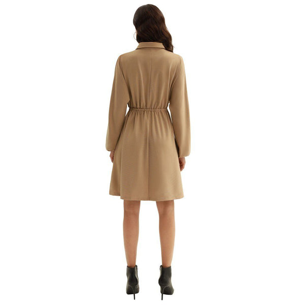 Curlbiuty Women Drawstring Waist Dress Long Sleeve Lapel Collar A-Line With Elastic Openings Dress Functional Silhouette - Vimost Shop