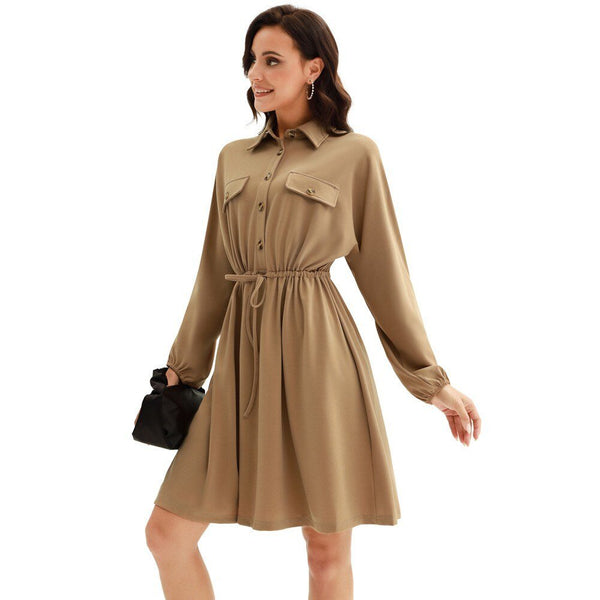 Curlbiuty Women Drawstring Waist Dress Long Sleeve Lapel Collar A-Line With Elastic Openings Dress Functional Silhouette - Vimost Shop
