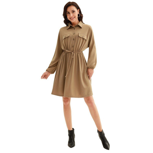 Curlbiuty Women Drawstring Waist Dress Long Sleeve Lapel Collar A-Line With Elastic Openings Dress Functional Silhouette - Vimost Shop