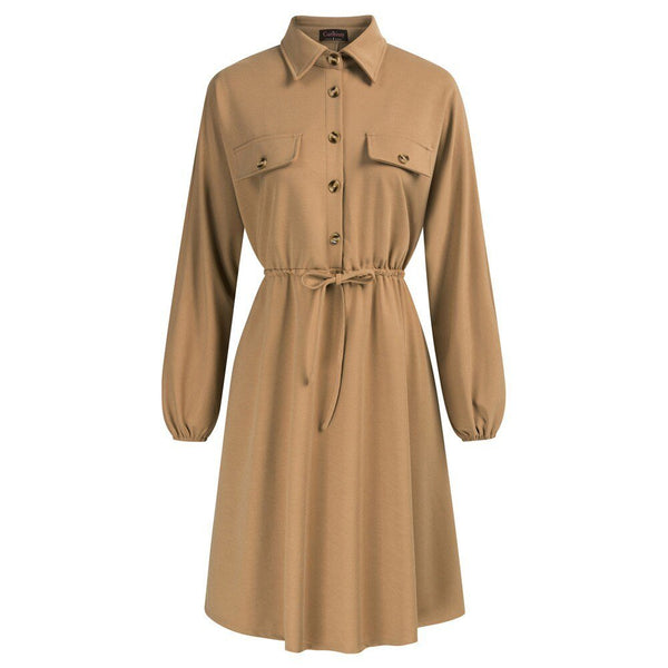 Curlbiuty Women Drawstring Waist Dress Long Sleeve Lapel Collar A-Line With Elastic Openings Dress Functional Silhouette - Vimost Shop