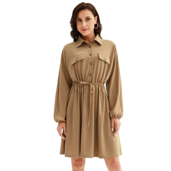 Curlbiuty Women Drawstring Waist Dress Long Sleeve Lapel Collar A-Line With Elastic Openings Dress Functional Silhouette - Vimost Shop