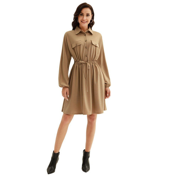 Curlbiuty Women Drawstring Waist Dress Long Sleeve Lapel Collar A-Line With Elastic Openings Dress Functional Silhouette - Vimost Shop