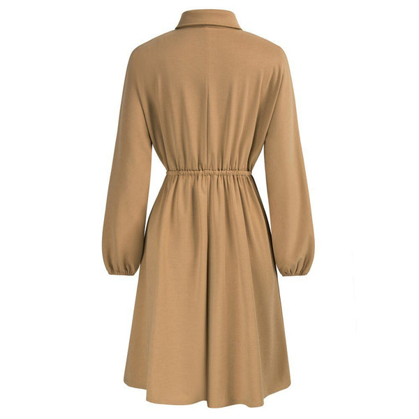 Curlbiuty Women Drawstring Waist Dress Long Sleeve Lapel Collar A-Line With Elastic Openings Dress Functional Silhouette - Vimost Shop