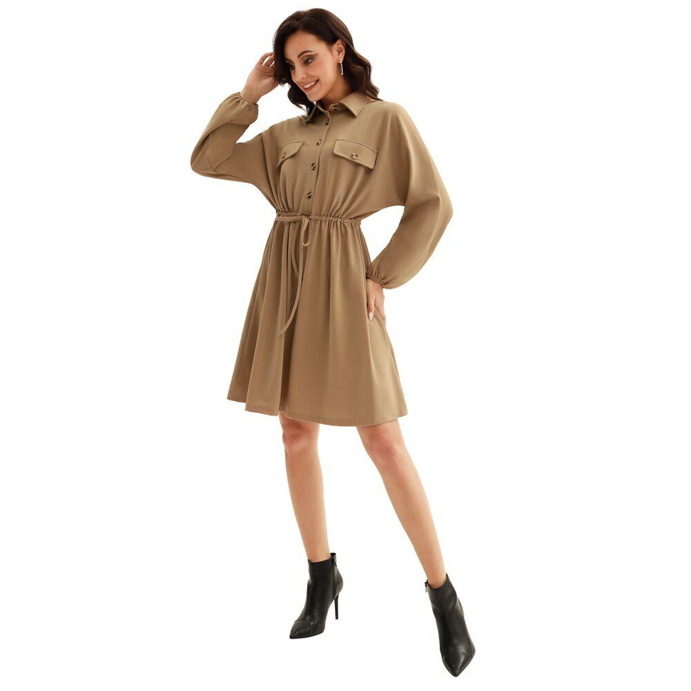 Curlbiuty Women Drawstring Waist Dress Long Sleeve Lapel Collar A-Line With Elastic Openings Dress Functional Silhouette - Vimost Shop