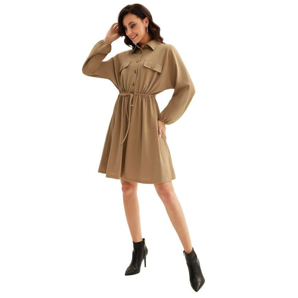 Curlbiuty Women Drawstring Waist Dress Long Sleeve Lapel Collar A-Line With Elastic Openings Dress Functional Silhouette - Vimost Shop