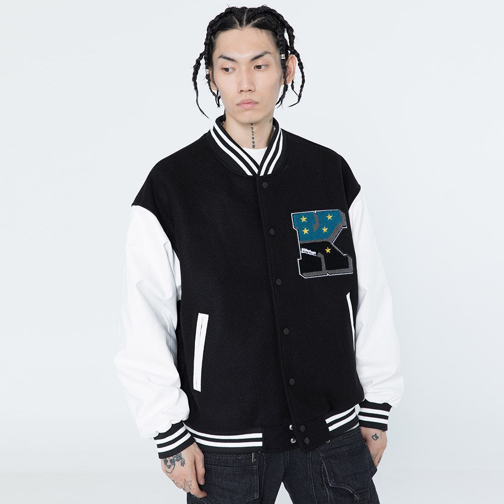 Cute Furry Bear Letter Patch Patchwork Color Baseball Jacket Men Oversize Cozy Fashion College Style Bomber Coat Autumn - Vimost Shop