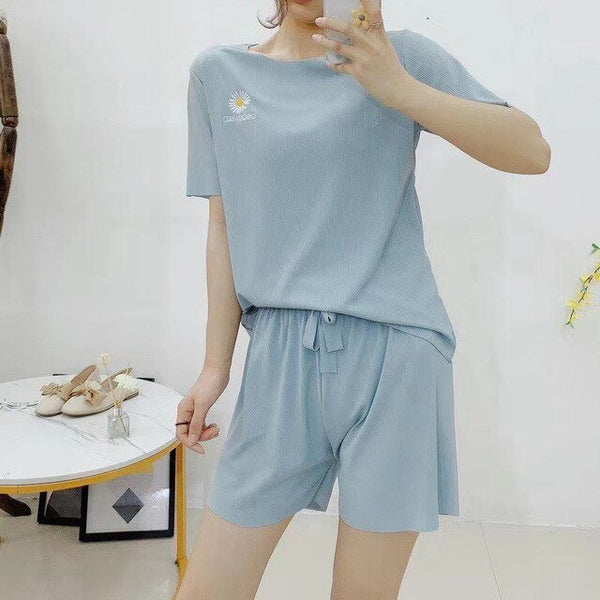 Daisy embroidery ice silk Set Outfits short-sleeved shorts loose casual home wear Two Piece Set Crop Top And Shorts 2 Piece - Vimost Shop