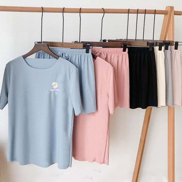 Daisy embroidery ice silk Set Outfits short-sleeved shorts loose casual home wear Two Piece Set Crop Top And Shorts 2 Piece - Vimost Shop