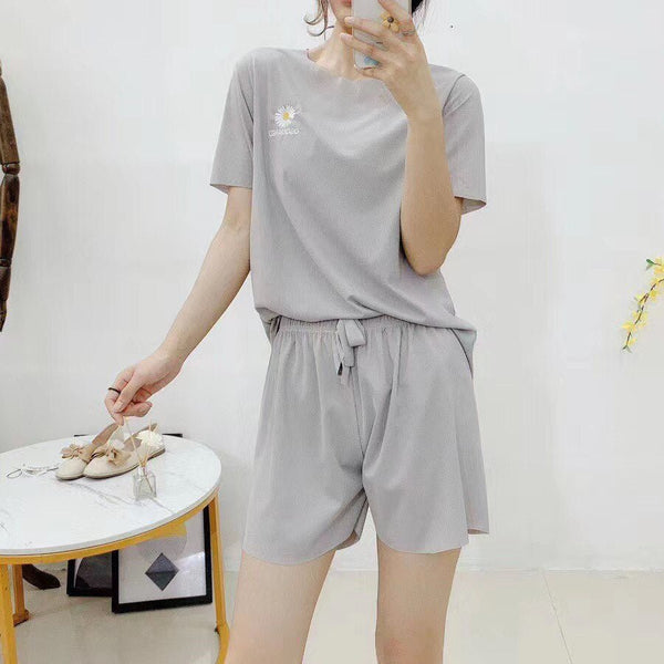 Daisy embroidery ice silk Set Outfits short-sleeved shorts loose casual home wear Two Piece Set Crop Top And Shorts 2 Piece - Vimost Shop