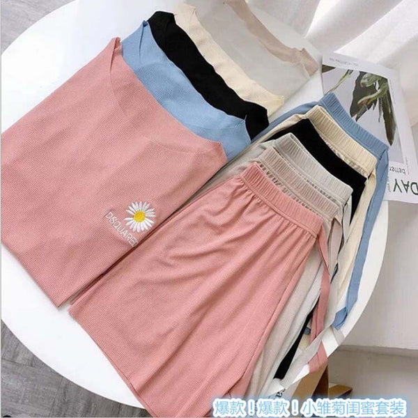 Daisy embroidery ice silk Set Outfits short-sleeved shorts loose casual home wear Two Piece Set Crop Top And Shorts 2 Piece - Vimost Shop