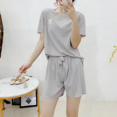 Daisy embroidery ice silk Set Outfits short-sleeved shorts loose casual home wear Two Piece Set Crop Top And Shorts  2 Piece