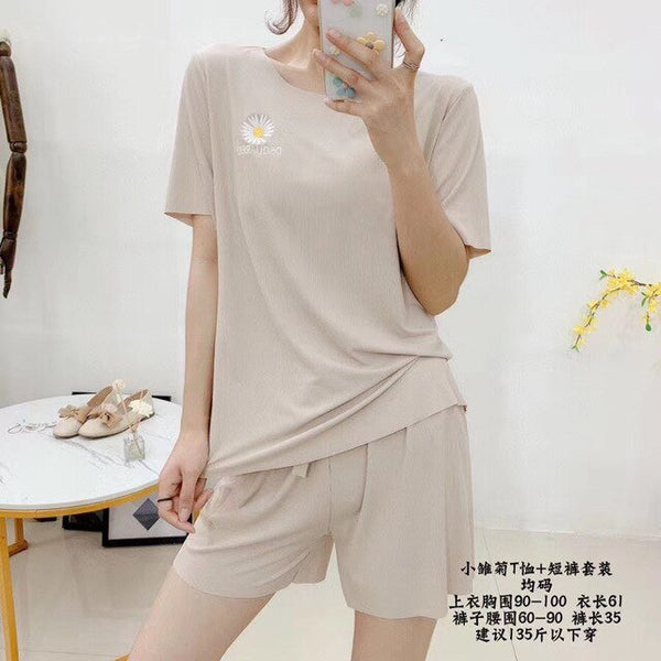 Daisy embroidery ice silk Set Outfits short-sleeved shorts loose casual home wear Two Piece Set Crop Top And Shorts 2 Piece - Vimost Shop