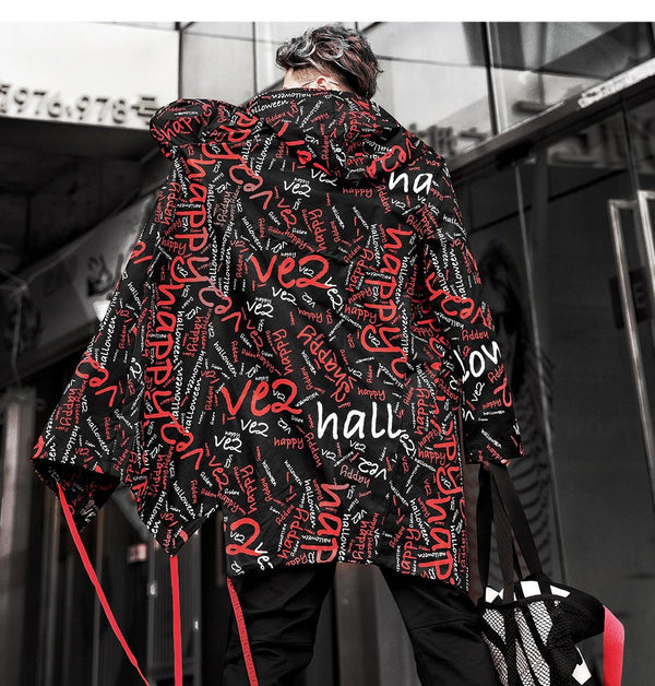 DARK Extra Long Jacket Trench Men Full Letter Print Harajuku Windbreaker Nightclub Overcoat Male Casual Outwear - Vimost Shop