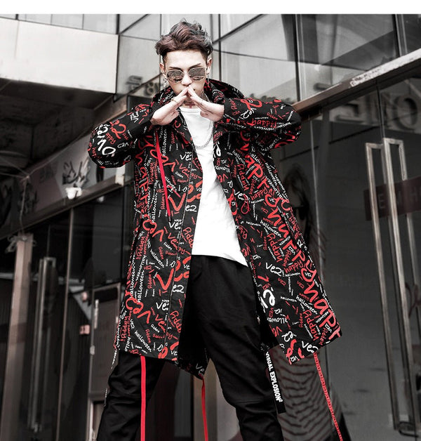 DARK Extra Long Jacket Trench Men Full Letter Print Harajuku Windbreaker Nightclub Overcoat Male Casual Outwear - Vimost Shop