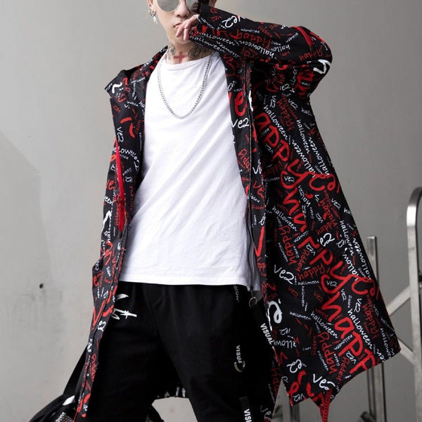 DARK Extra Long Jacket Trench Men Full Letter Print Harajuku Windbreaker Nightclub Overcoat Male Casual Outwear - Vimost Shop