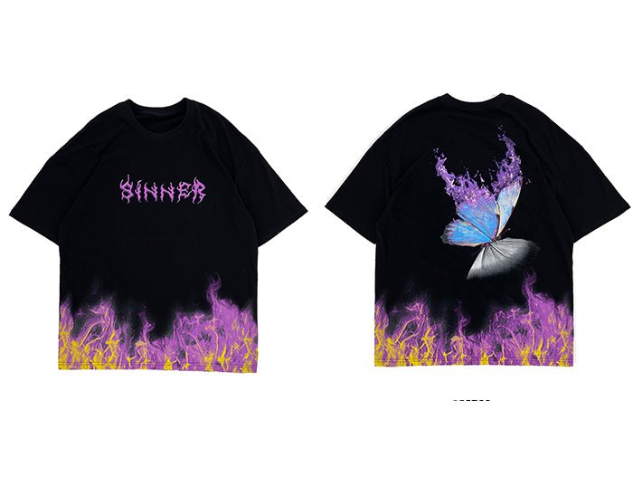 DARK Flame Butterfly Oversize T Shirt Cotton Punk Rock Streetwear Hip Hop T Shirt Men Harajuku Short Sleeve Tees - Vimost Shop
