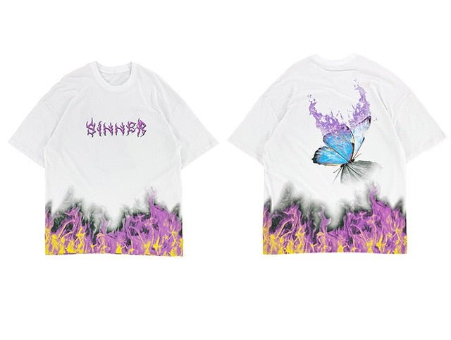 DARK Flame Butterfly Oversize T Shirt Cotton Punk Rock Streetwear Hip Hop T Shirt Men Harajuku Short Sleeve Tees - Vimost Shop