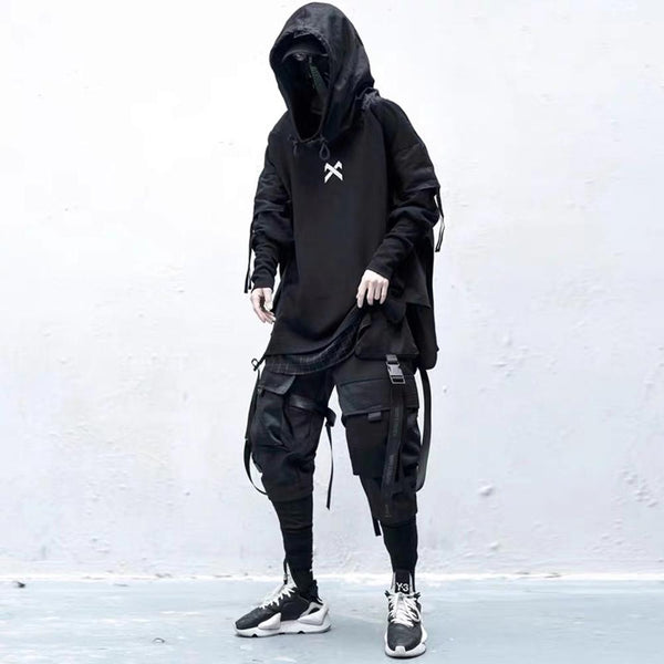 DARK Japanese Streetwear Man Hoodies Hip Hop Embroideried Pullover Patchwork Fake Two Darkwear Tops Techwear Hoodies - Vimost Shop
