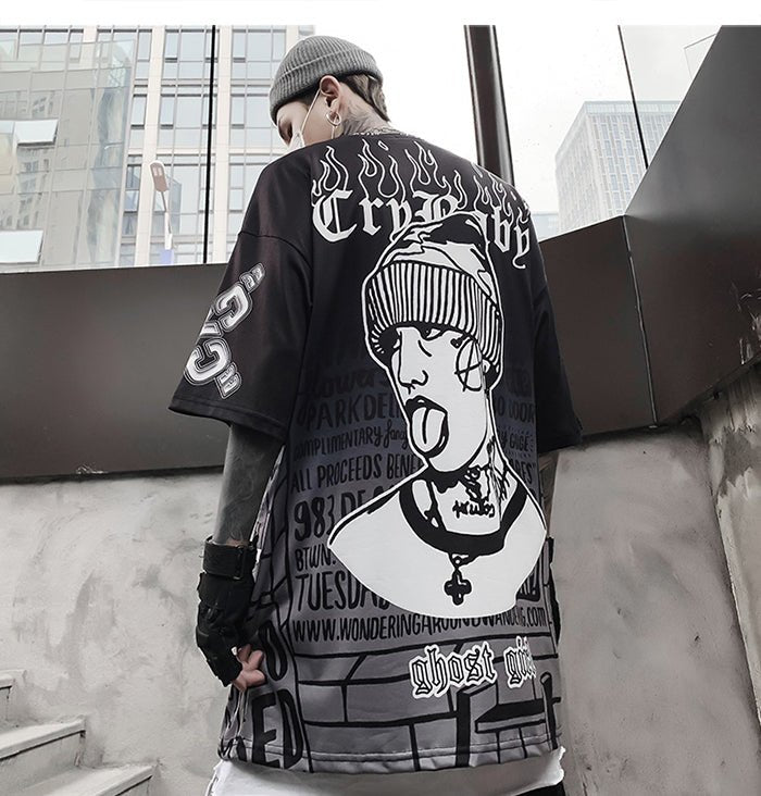 Dark Loose Clown Print Hip Hop Tshirt Men Summer Casual Short Sleeve Tees Shirt Fashion Streetwear Black - Vimost Shop