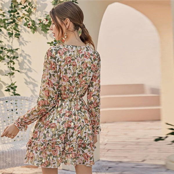 Deep V Neck Floral Print Boho Dress With Belt Women Spring Flounce Sleeve High Waist Tiered Layer Hem Frill Short Dresses - Vimost Shop