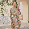 Deep V Neck Floral Print Boho Dress With Belt Women Spring Flounce Sleeve High Waist Tiered Layer Hem Frill Short Dresses - Vimost Shop