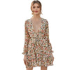 Deep V Neck Floral Print Boho Dress With Belt Women Spring Flounce Sleeve High Waist Tiered Layer Hem Frill Short Dresses - Vimost Shop