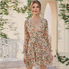 Deep V Neck Floral Print Boho Dress With Belt Women Spring Flounce Sleeve High Waist Tiered Layer Hem Frill Short Dresses - Vimost Shop