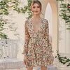 Deep V Neck Floral Print Boho Dress With Belt Women Spring Flounce Sleeve High Waist Tiered Layer Hem Frill Short Dresses - Vimost Shop