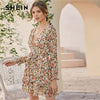 Deep V Neck Floral Print Boho Dress With Belt Women Spring Flounce Sleeve High Waist Tiered Layer Hem Frill Short Dresses - Vimost Shop